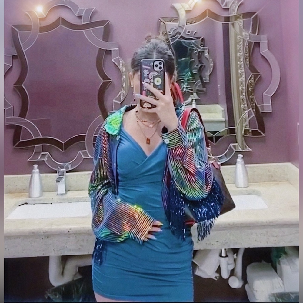 Colorful Fringe Jacket with Teal Dress
